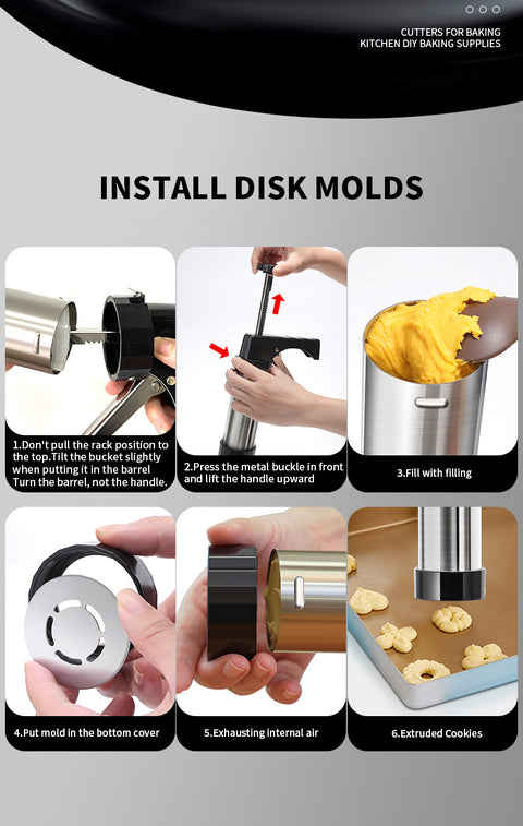 Silver and Black Stainless Steel Cookie Press Gun Kit - Biscuit Maker & Icing Decorating Set with 13 Discs & 8 Nozzles