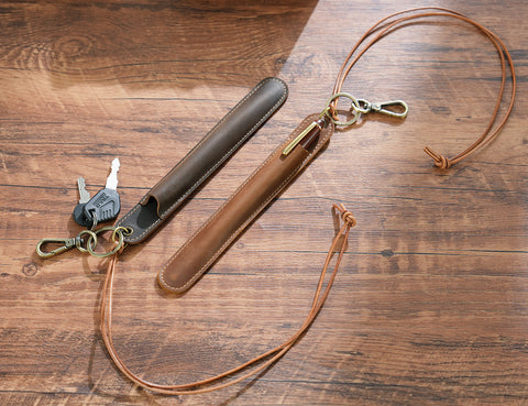 Green Vintage Top-Grain Leather Pen Sleeve Holder with Neck Strap - Protective Single Pen Case