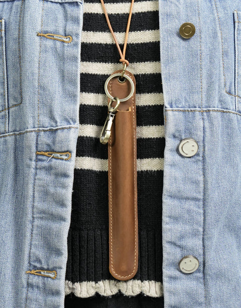 Red Vintage Top-Grain Leather Pen Sleeve Holder with Neck Strap - Protective Single Pen Case