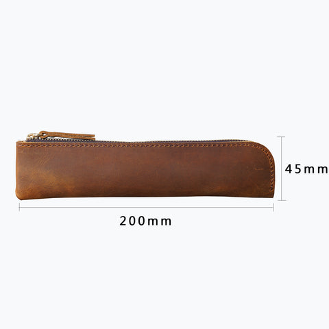 Black Vintage Crazy Horse Leather Zippered Pen Case - Retro Pencil Pouch & Small Accessories Bag