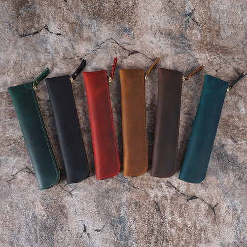Brown Vintage Crazy Horse Leather Zippered Pen Case - Retro Pencil Pouch & Small Accessories Bag