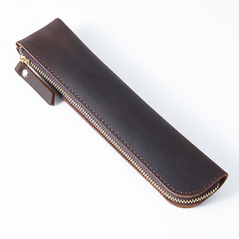 Coffee Vintage Crazy Horse Leather Zippered Pen Case - Retro Pencil Pouch & Small Accessories Bag