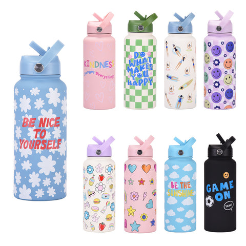 Style 23C White and Blue Vibrant Fun Print 1L Stainless Steel Insulated Water Bottle - 32oz Large Capacity with Straw Lid & Carry Handle - BPA-Free