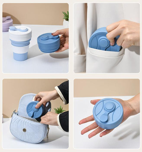 2 Pcs White and Blue 350ml Collapsible Silicone Travel Cup - Portable, Leak-Proof & Food-Grade Drinking Mug with Lid, Insulating Sleeve & Straw