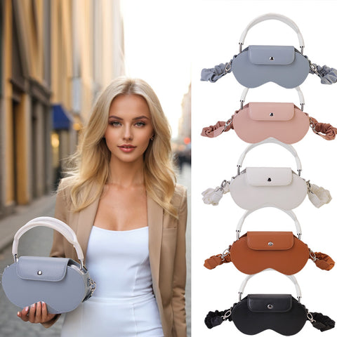 Black Chic PU Leather Crossbody Storage Bag for Apple AirPods Max - Protective Case with Ruched Fabric Strap & Top Handle
