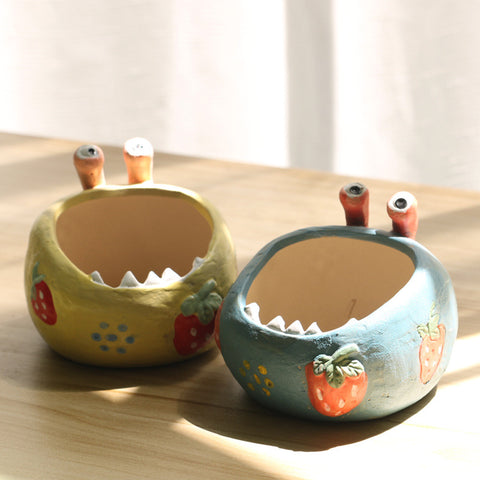 2 Pcs Blue Whimsical Monster Ceramic Succulent Planter - Hand-Painted Character Pot with Drainage