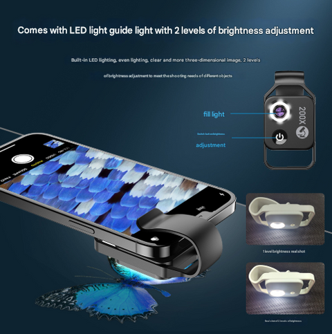 White Portable 200X Clip-On Microscope Lens for Smartphone - HD Pocket Magnifier with CPL Filter and LED Light(excluding mobile phones)
