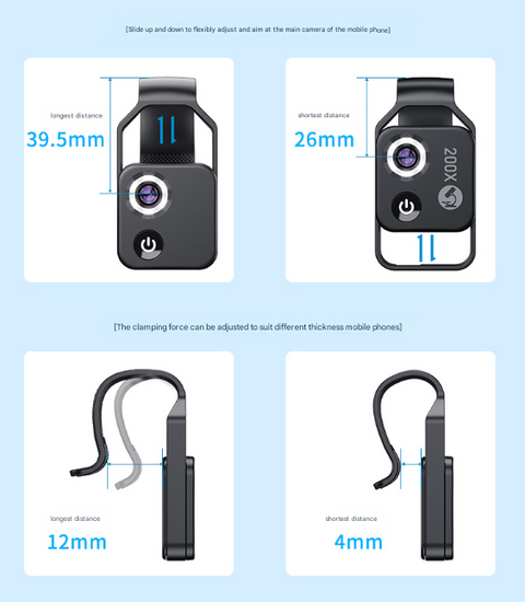 White Portable 200X Clip-On Microscope Lens for Smartphone - HD Pocket Magnifier with CPL Filter and LED Light(excluding mobile phones)