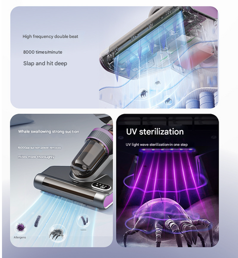 Purple Advanced Cordless UV-C Dust Mite Vacuum - Handheld Cleaner with Hot Air, Pulsating Pads & LED Display