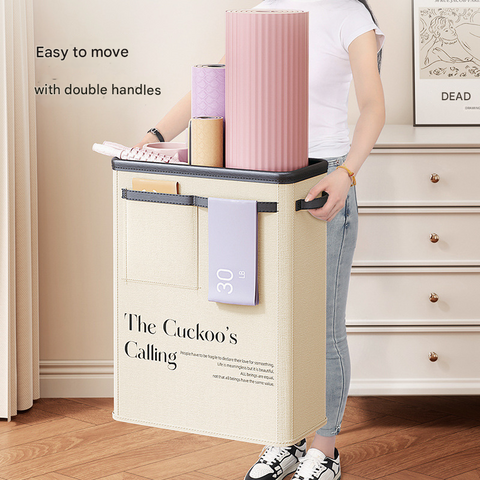 Beige Premium Fabric Yoga Mat Storage Basket - Slim & Foldable Organizer for Home Gym Equipment