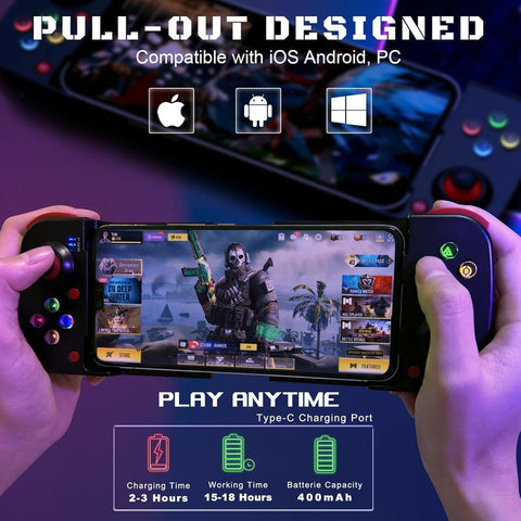Portable Telescopic Mobile Game Controller - Bluetooth 5.0, iOS/Android/PC Compatible, 400mAh Battery(blue and red)