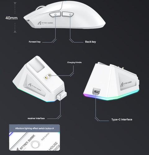 High-Performance Tri-Mode Wireless Gaming Mouse - 22000 DPI, Rechargeable, with RGB Charging Dock(black)