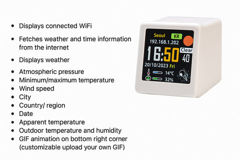 2pc Mini Smart Wi-Fi Weather Station Clock - Desktop Digital Clock with HD IPS Screen, Customizable GIF Display & 3-Day Forecast(Pink)