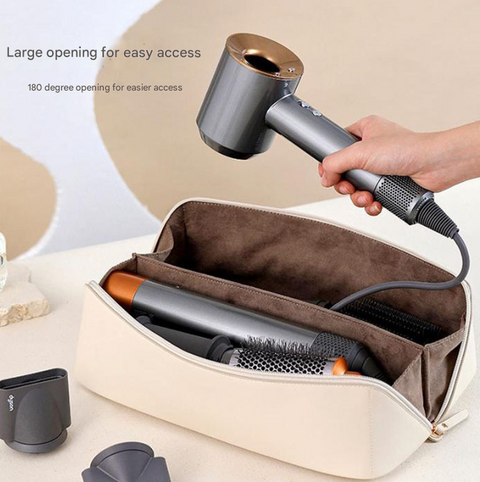 Brown Premium PU Leather Travel Case for Hair Styling Tools - Double Layer Waterproof Organizer Bag for Hair Dryer, Curler & Straightener