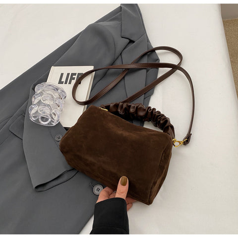 Coffee Chic Ruched Handle Crossbody Bag - Womens Faux Suede Top Handle Handbag with Detachable Strap