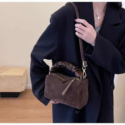 Coffee Chic Ruched Handle Crossbody Bag - Womens Faux Suede Top Handle Handbag with Detachable Strap