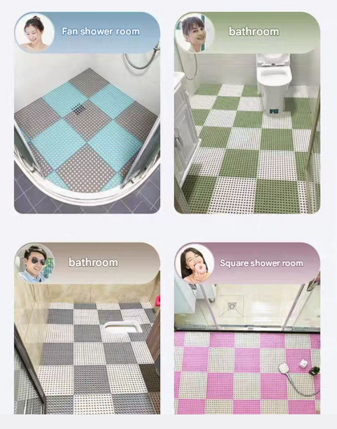 Grey And Green DIY Interlocking Non-Slip Floor Tiles - 18-Pack PVC Drainage Mat for Shower & Bathroom Safety