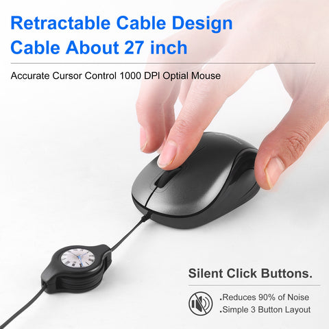 Grey and Black Portable Mini USB-C Mouse with Retractable Cable - Silent Click Travel Mouse for Laptop, MacBook, Tablet