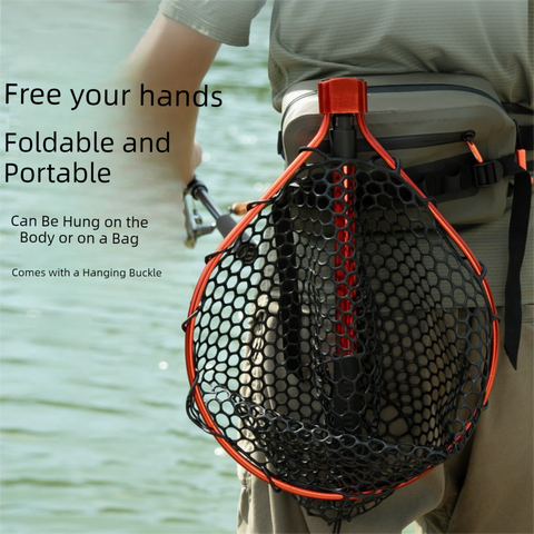 Black High Strength Large Landing Net - Fishing Net with Foldable Handle and Soft Rubber Netting, Dip Net for Fishing, Ideal for Boat, Pier, River Angling