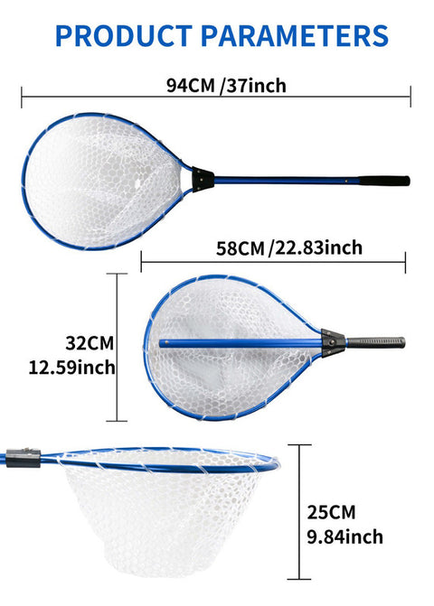 Black High Strength Large Landing Net - Fishing Net with Long Foldable Handle and Soft Rubber Netting, Dip Net for Fishing, Ideal for Boat, Pier, River Angling