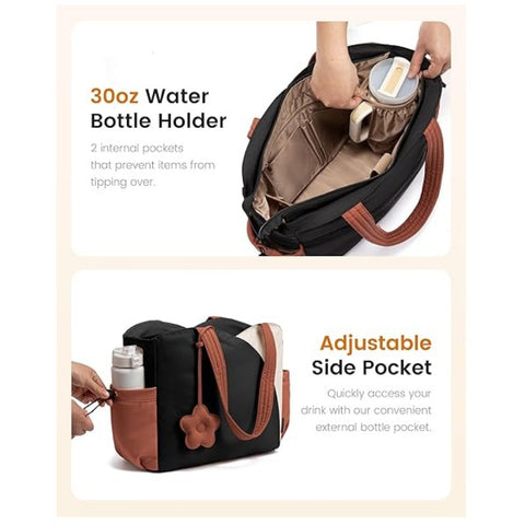Black Stylish 16-inch Women's Tote Bag - Teacher & Nurse Puffer Work Bag, Travel & Daily Handbag with Cup Holders