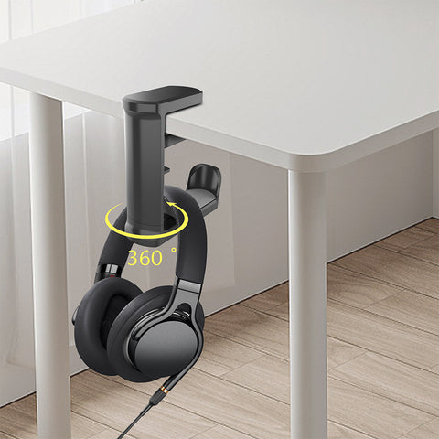 Black Under Desk Headphone Hanger Clamp 360 Degree Rotating - Adjustable Headset Holder Hook with Cable Organiser for Home Office & Gaming Setup (Fits 1-5.5cm Desks)