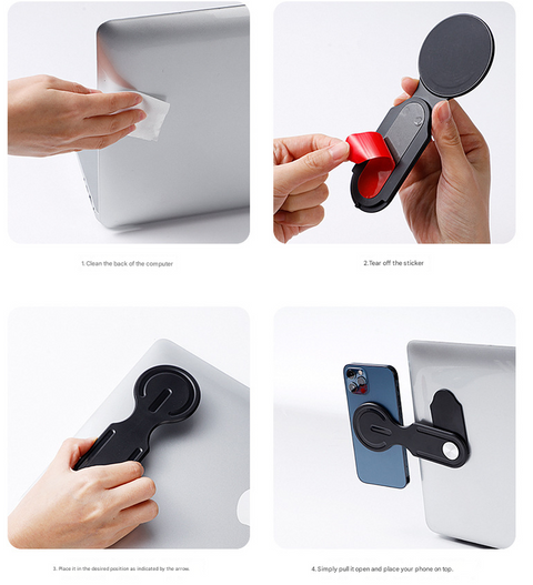 White Magnetic Laptop Phone Holder Side Mount Expansion Bracket Slim 6mm Foldable Stand with Metal Ring for Dual Screen Work Office Setup