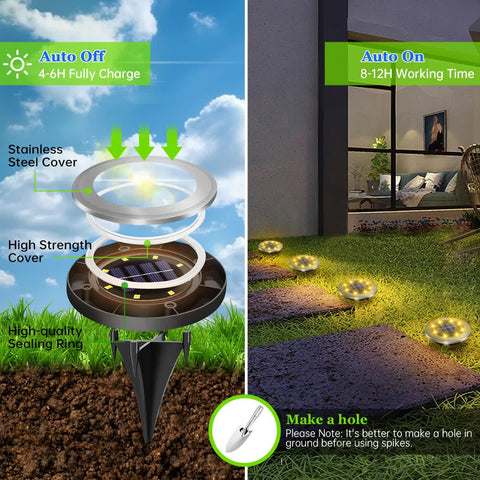 4-Pack Solar LED In-Ground White Light Set (Single 7.1x7.1x6.1cm) - Stainless Steel Waterproof Outdoor Garden Pathway and Landscape Spike Lamp