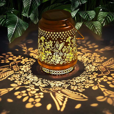 Decorative Solar Hummingbird Lantern(11x11x17CM) - Waterproof Hanging Iron Art Outdoor Projection Light for Garden and Patio (Up to 12 Hrs Illumination)