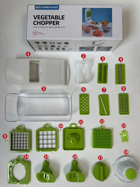 18-Piece White-Green Multi-Function Vegetable Chopper & Slicer Set - Rotary Grater with 5 Muti-Style Stainless Steel Blades for Home Kitchen