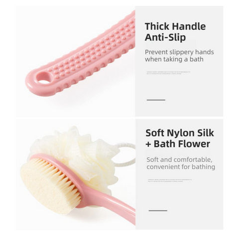 2-Pack Blue 2-in-1 Soft Bristle Long Handle Bath Brush & Shower Pouf Combo - Double-Sided Back Scrubber for Adults & Kids