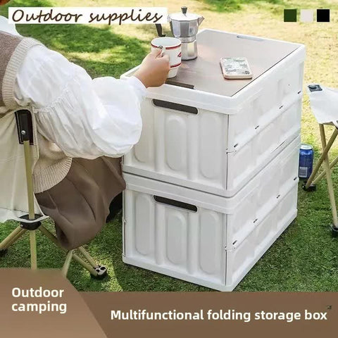 Green Collapsible Medium Standard Storage Box with Wooden Table Top(42x28x23CM) - Car Trunk Organiser for Australian Camping & Home Use