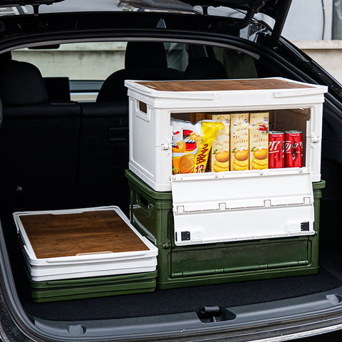 White Collapsible Medium Handle Storage Box with Wooden Table Top(42x28x23CM) - Car Trunk Organiser for Australian Camping & Home Use