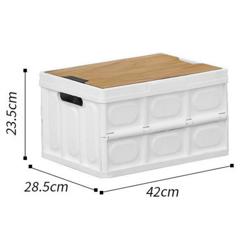 White Collapsible Medium Side-Open Handle Storage Box with Wooden Table Top(42x28x23CM) - Car Trunk Organiser for Australian Camping & Home Use