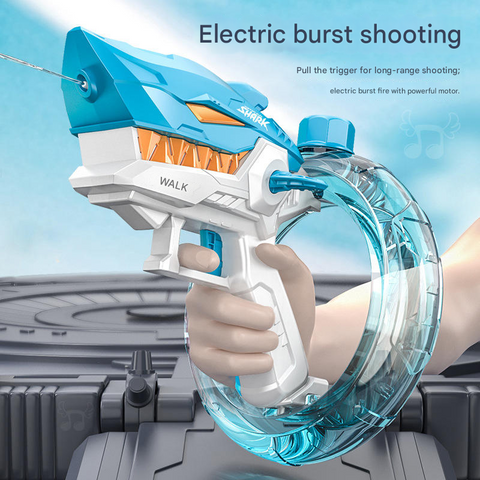 Blue Electric Shark Water Gun for Kids - Automatic Continuous Shot Blaster with Large Capacity Water Bottle & Rechargeable Lithium Battery - Long Range Summer Outdoor Toy