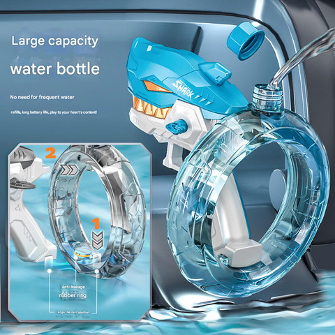 Grey Electric Shark Water Gun for Kids - Automatic Continuous Shot Blaster with Large Capacity Water Bottle & Rechargeable Lithium Battery - Long Range Summer Outdoor Toy