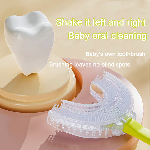Blue frog U-Shaped Kids Toothbrush - Food Grade Silicone Manual Toothbrush for 2-12 Year Olds - 360 degree Full Mouth Cleaning Baby Oral Care - Comes with Wall Mount Holder