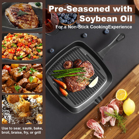 Five-piece set Heavy Duty Cast Iron Skillet & Grill Pan Thickened Vintage Style Cookware for Steak Breakfast & Camping