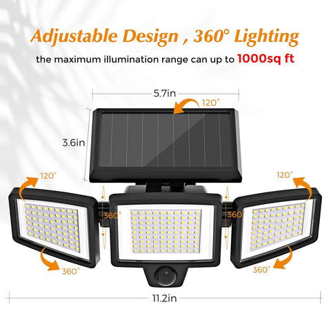 Solar Outdoor Security Lights Motion Sensor 210 LED - 3 Adjustable Heads Flood Light with Remote Control IP65 Waterproof for Garden Garage & Yard