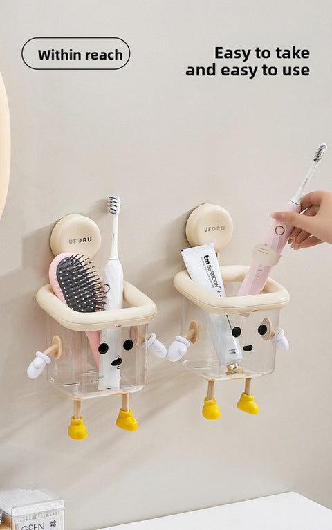 Cute Suction Cup Bathroom Organizer Wall Mounted Toothbrush Holder No Drill Storage Caddy with Drainage Holes for Electric Toothbrush Razor Toothpaste Cream White