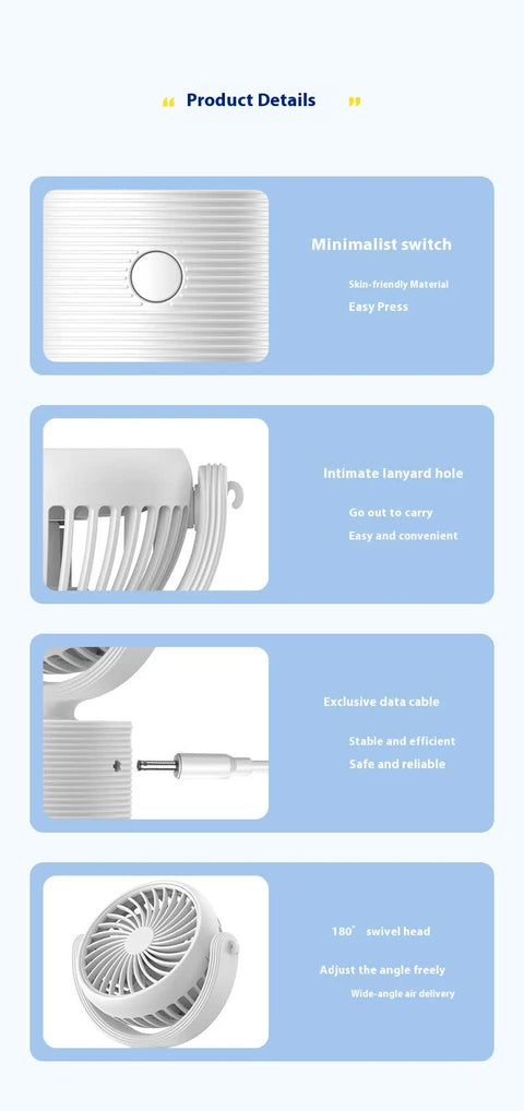 Portable Turbo Fan 3-in-1 Mini Handheld Desk Fan Rechargeable Personal Cooling Device with Neck Lanyard 180 Degree Adjustable Head Quiet Wind White