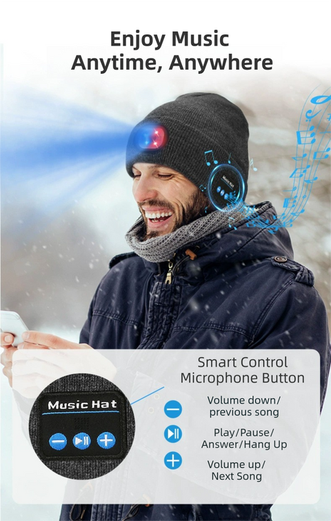 Dark Blue Removable LED Bluetooth Headphone Beanie - Washable Knit Hat with 3-Level LED Illumination & Stereo Sound, USB Rechargeable