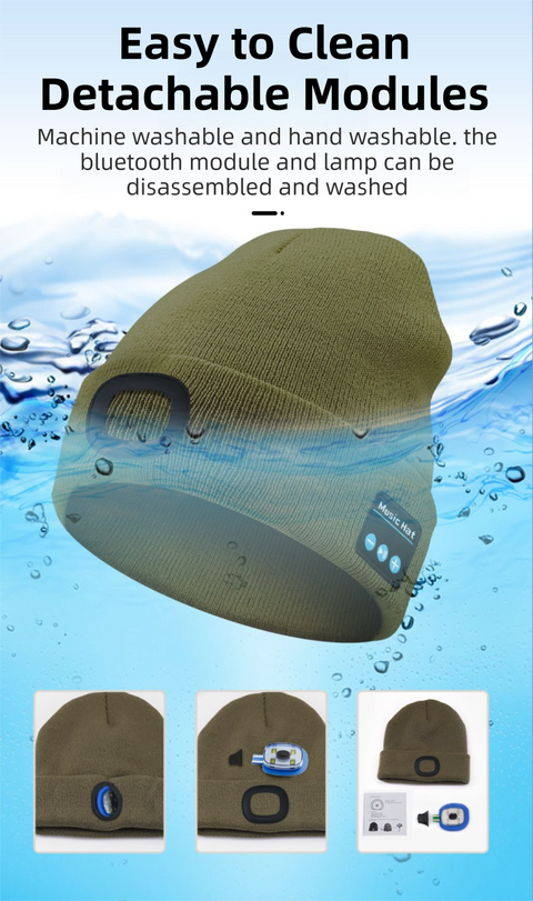 Dark Blue Removable LED Bluetooth Headphone Beanie - Washable Knit Hat with 3-Level LED Illumination & Stereo Sound, USB Rechargeable
