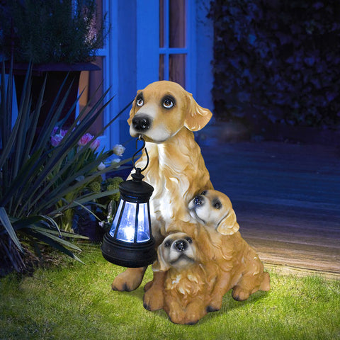 Solar Dog Garden Statue with Lantern Waterproof Resin Puppy Ornament for Outdoor Patio Pathway Backyard Decoration Australian Pet Lovers(E)