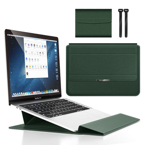 Dark green 3-in-1 Laptop Sleeve with Built-In Stand & Wrist Rest – Waterproof PU Protective Case for 13/14 Inch Laptops, Portable and Ergonomic Design