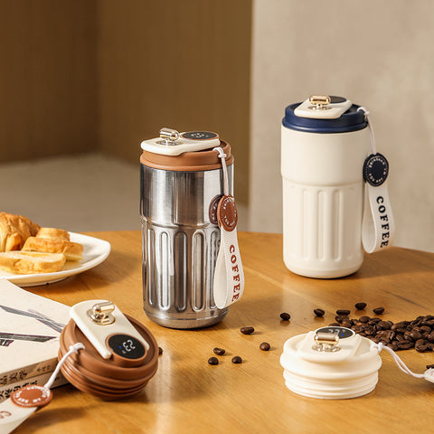 White Smart Digital Insulated Coffee Mug with 316 Stainless Steel Inner Liner – Vacuum-Sealed Travel Tumbler with Temperature Display, USB-C Rechargeable, Leak-Proof Lid for Hot and Cold Beverages