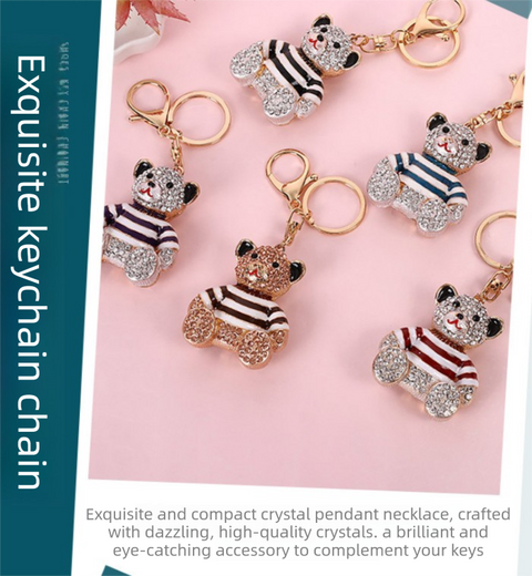 Purple Stripe Crystal Bear Keychain Sparkly Rhinestone Bag Charm Cute Alloy Keyring Gift