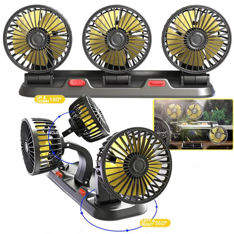3-in-1 Powerful Car Dual Head Fan (12V Lighter Power) - Quiet Cooling Fan Integrated Aromatherapy & Number Plate, with 360° Rotation & 130cm Long Cord