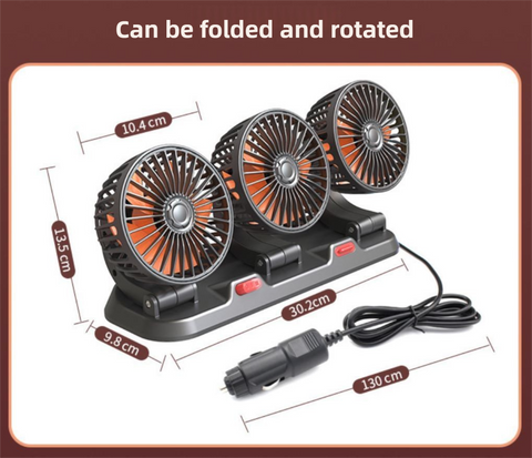 3-in-1 Powerful Car Triple Head Fan (12V Lighter Power) - Quiet Cooling Fan Integrated Aromatherapy & Number Plate, with 360° Rotation & 130cm Long Cord