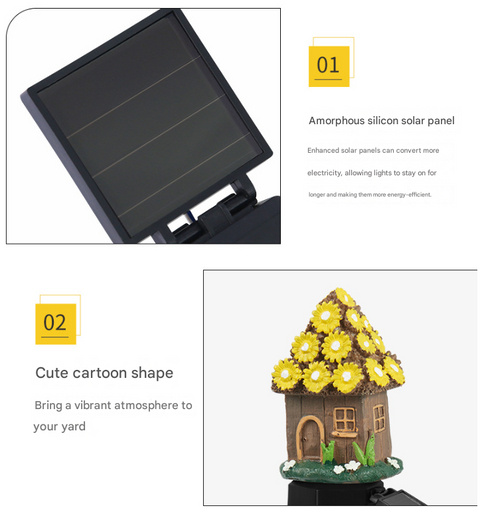 Yellow House Solar Powered Mushroom House Garden Stake Lights - Outdoor Waterproof Resin Landscape Decorative Lamps with Warm LED Glow for Patio, Lawn, and Yard